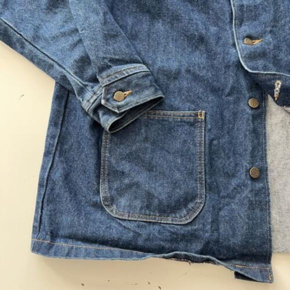 VINTAGE EARLY PRISON BLUES DENIM POCKETED CHORE JACKET COAT MADE IN USA XL RARE - Picture 4 of 9